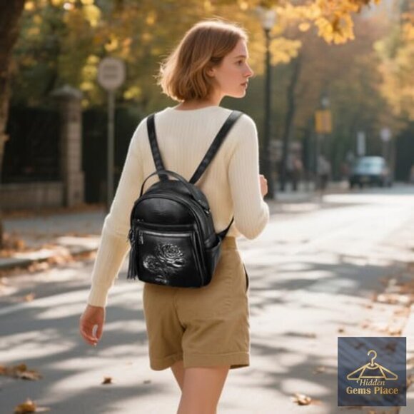 Mini Vegan Leather Backpack Purse with Floral Design, Water Resistant, 8 Pockets